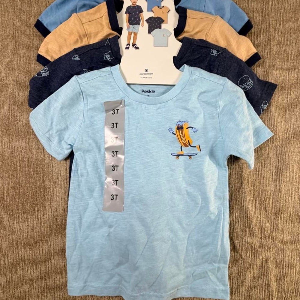 Pekkle Toddler Boys 4-Pack Graphic T-Shirt Set Blue Tan Food Skate 3T NWT